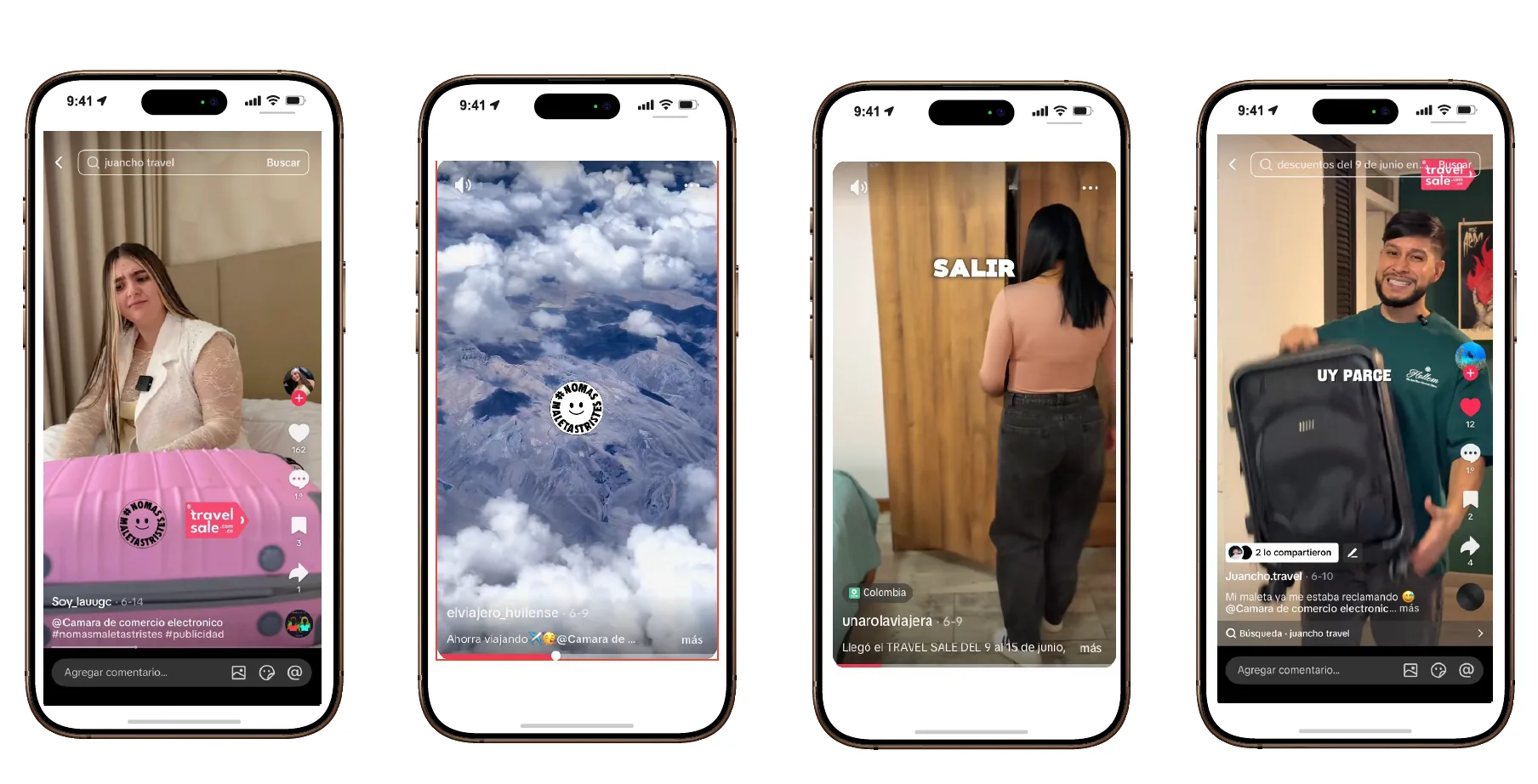Contenido de influencers de Travel Sale 2026 en TikTok e Instagram bajo el hashtag #NoMasMaletasTristes