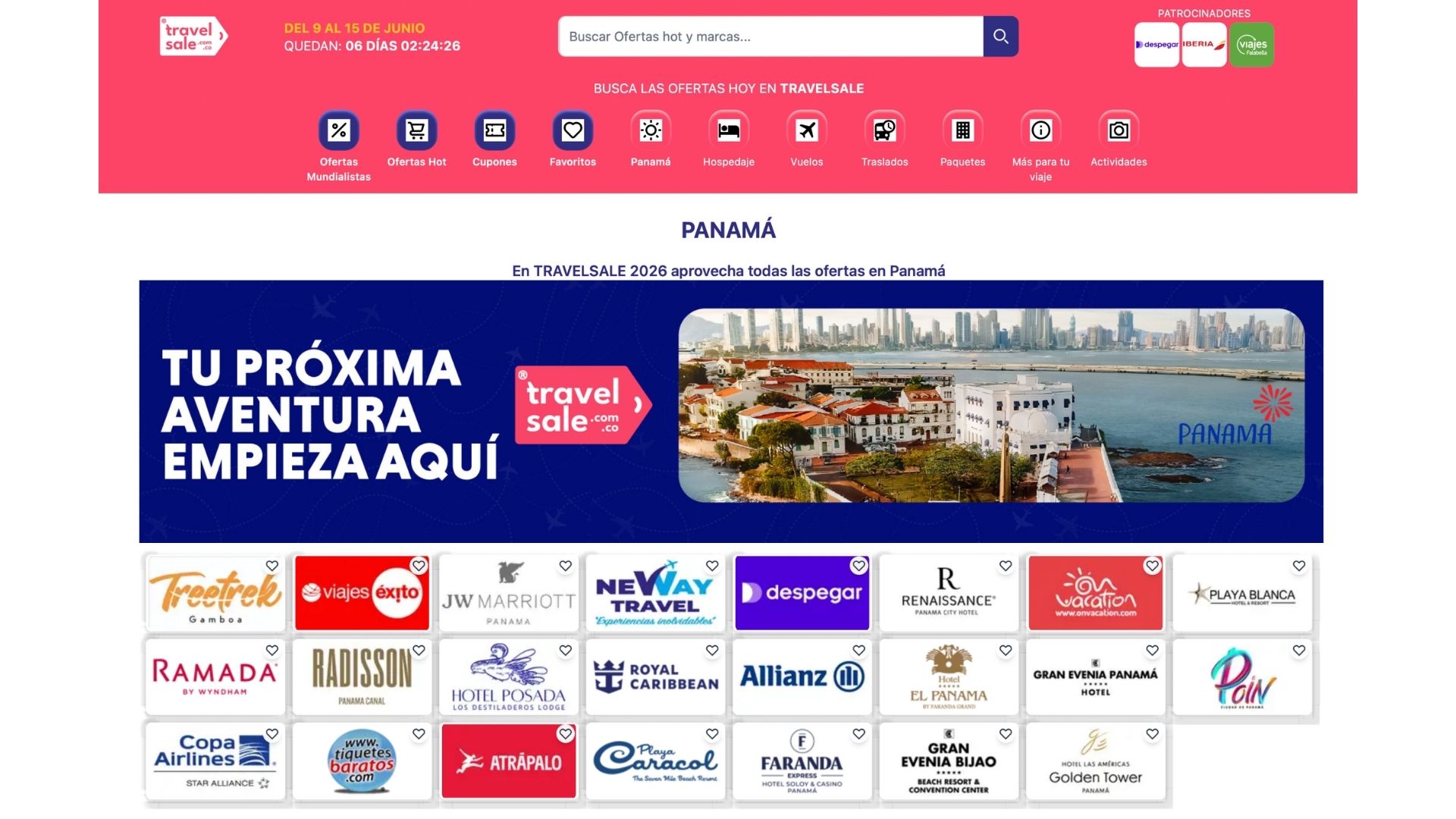 Sección de Panamá en el sitio Travel Sale: banner 'Tu próxima aventura empieza aquí' y marcas participantes del destino